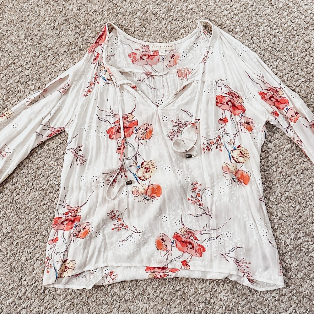 Lovestitch White and Pink Floral Cut-Out Sleeve Tie Front Blouse